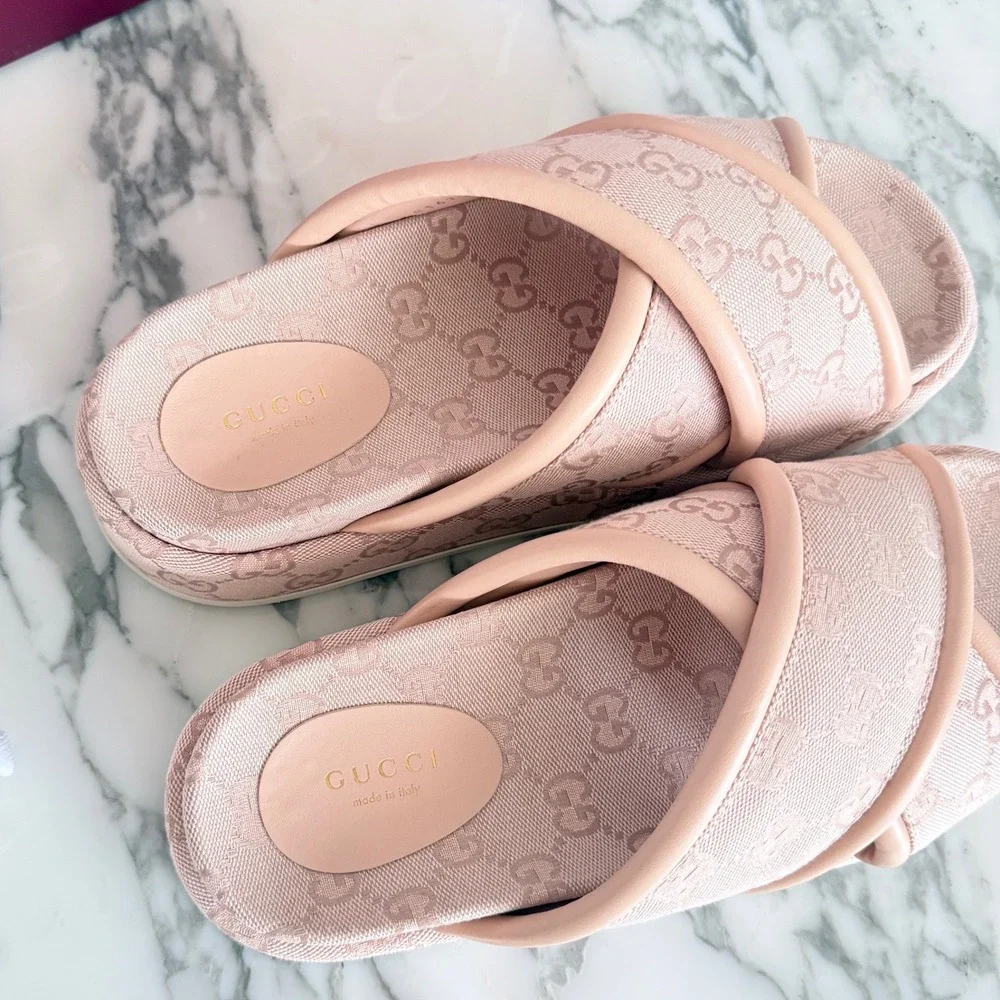 Gucci GG Canvas Platform Slide Sandals Pink Crisscross 816798 FAD9D 6845 Size 39